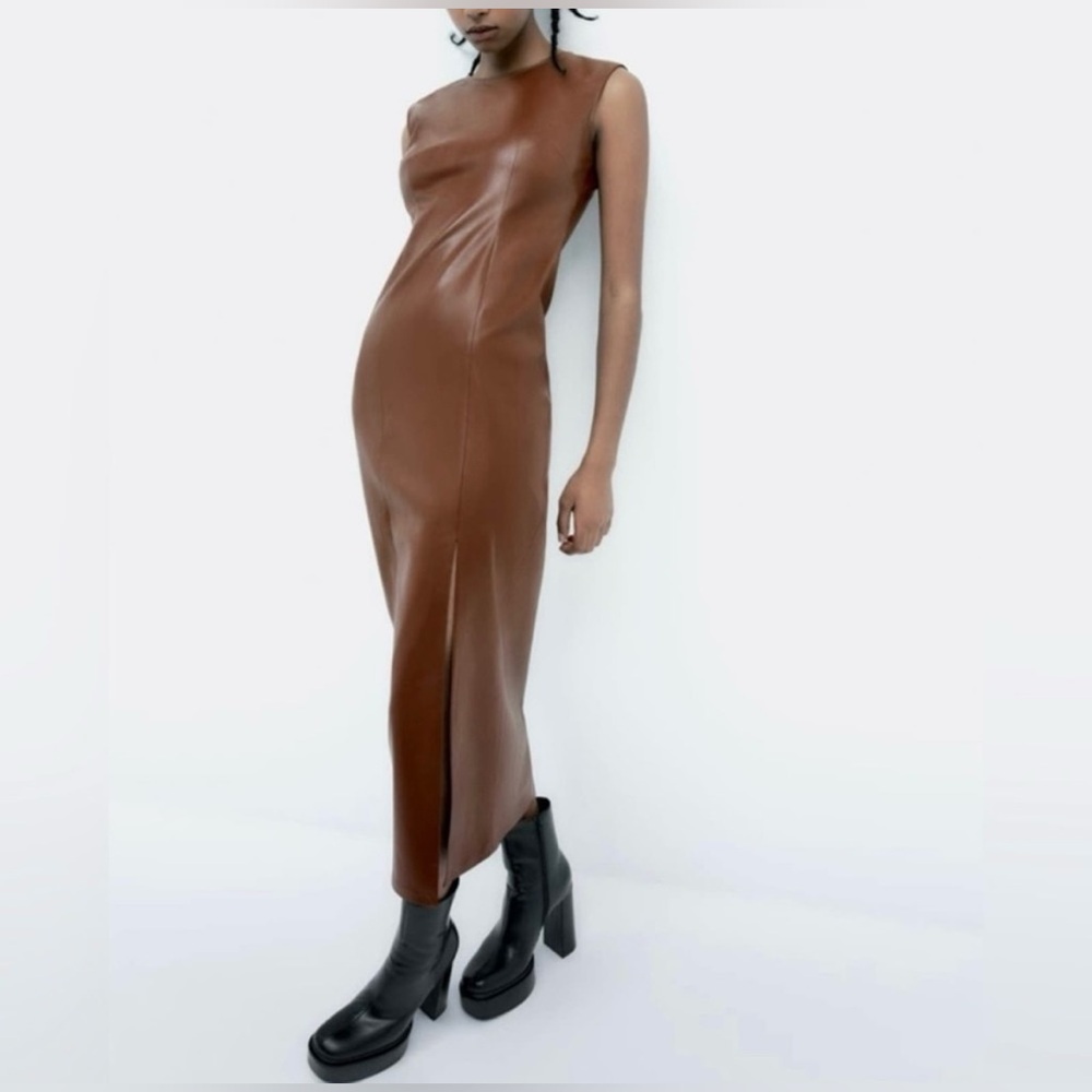 NWT Zara Faux Leather Brown Midi Dress